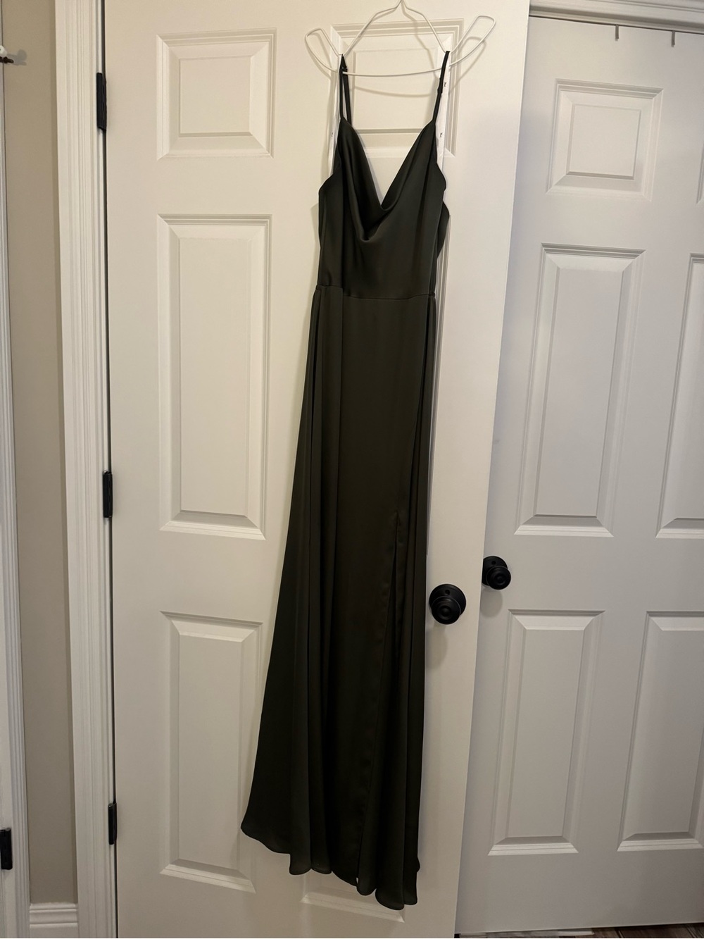 Olive Green Satin Cowl-Neck Maxi Dress with Spaghetti Straps